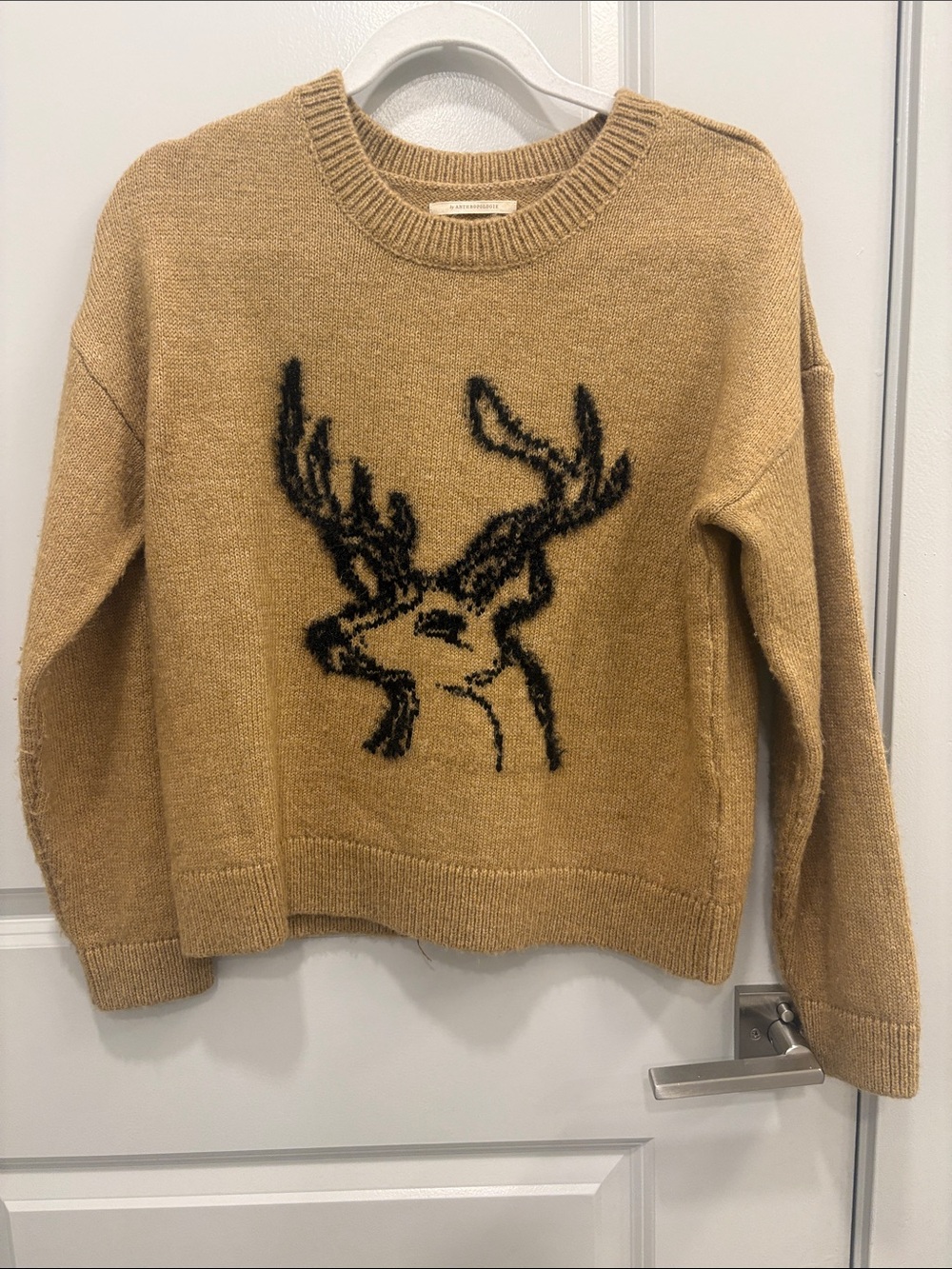 Anthropologie Tan Crewneck Sweater with Black Deer Motif